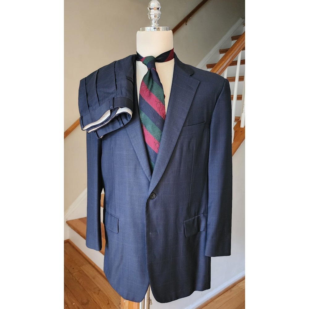 Samuelson Windowpane Super 100's Wool Navy Blue  Suit Jacket 42L Pants 37x29